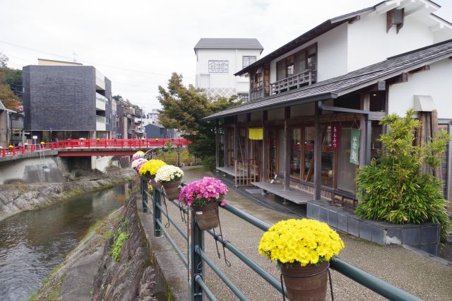 川沿いの花束と、伊豆の小京都らしい風情のあるお店が並びます。