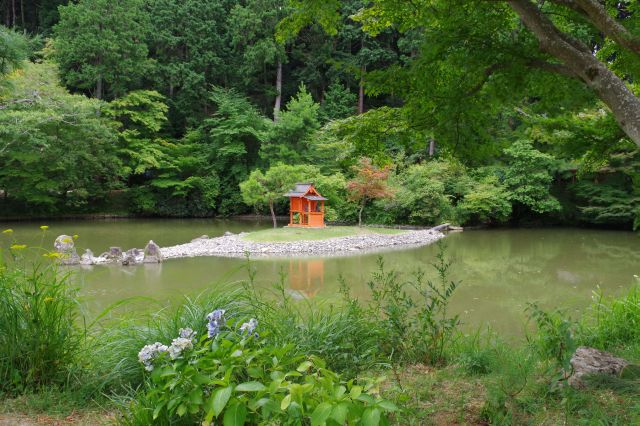 境内は浄土式庭園で大きな池、中央には弁才天を祀る祠。