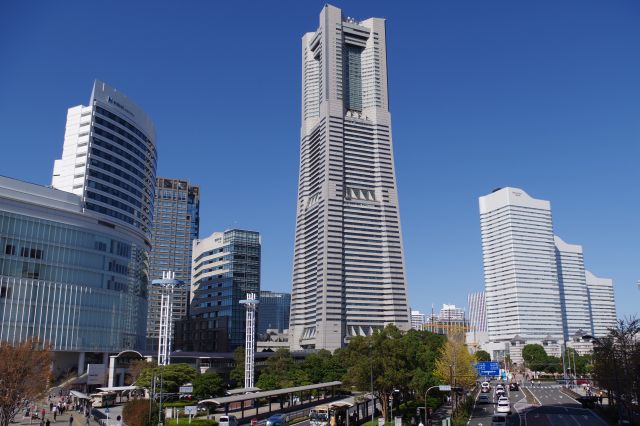 快晴の桜木町、ビル群を圧倒するシンボルの横浜ランドマークタワー。