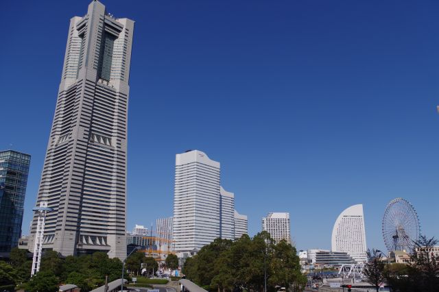 横浜ランドマークタワー、クイーンズタワー、インターコンチネンタルホテル、コスモクロック。みなとみらいの特徴的な建物が勢ぞろい。