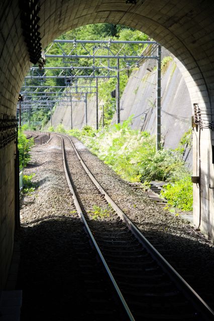 トンネルの外へ続く線路が見える。