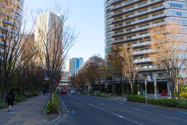 東急駅から伸びる高層マンションの新しい街並み。