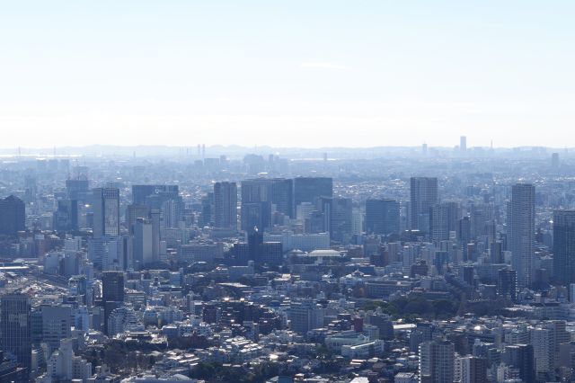 大崎と思われるビル群の先、鶴見つばさ橋、横浜ランドマークタワー等。