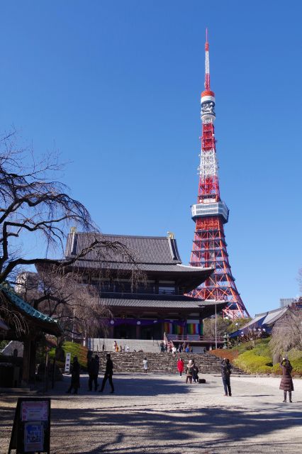 増上寺境内へ。大殿と背後には大きな東京タワー。