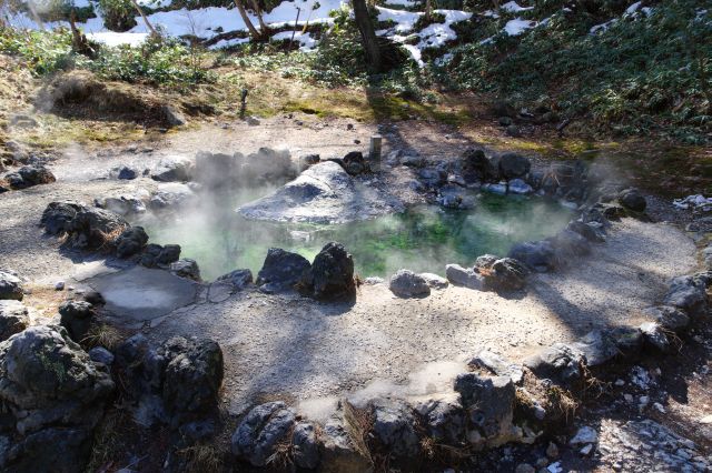 湯煙を上げる池。