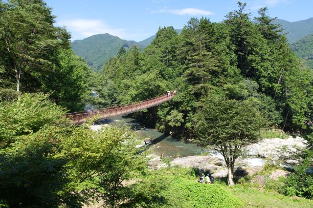 展望スペースより。緑豊かな渓谷に架かる石舟橋。