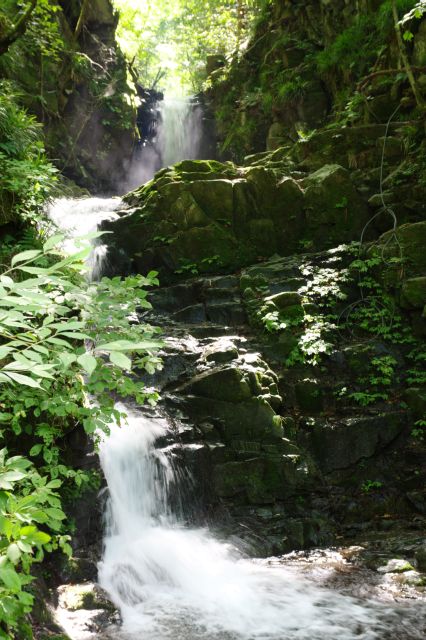 滝全体。緑の中の険しい岩場に流れる姿は美しく心地よい。