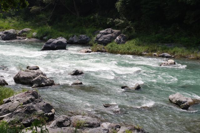 点在する岩で水しぶきを上げる川。