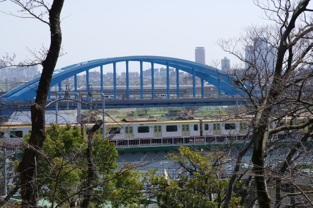 丸子橋の向こうには新幹線が見えます。