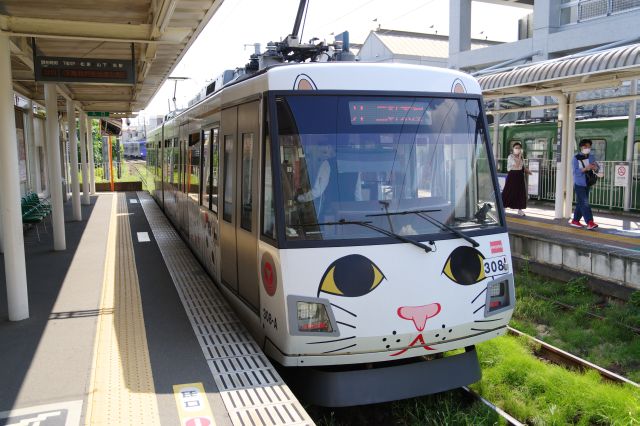 路面電車のような素朴な東京世田谷線。豪徳寺にちなんだ招き猫ラッピングの電車も。