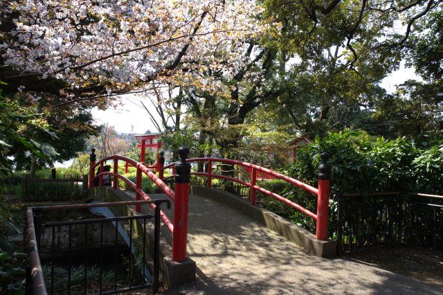 赤い橋を渡ります。