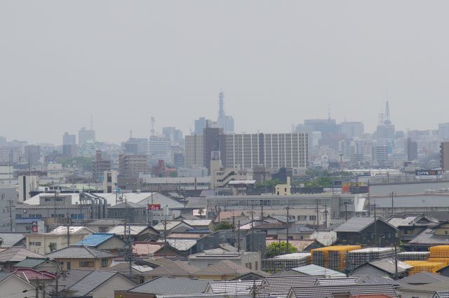 霞んでいますが左に名古屋城があります。清州越しを思い起こさせます。右には名古屋テレビ塔。