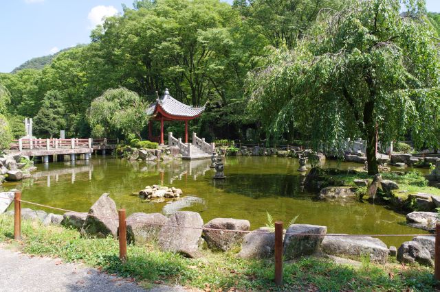 中は杭州市との友好都市提携10周年記念した日中友好庭園があります。