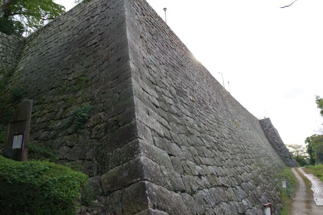 三の丸北側の高石垣は城内で最も高く20m以上を誇る。角度が増す石垣は「扇の勾配」とも呼ばれます。付近に高浜虚子の碑があります。