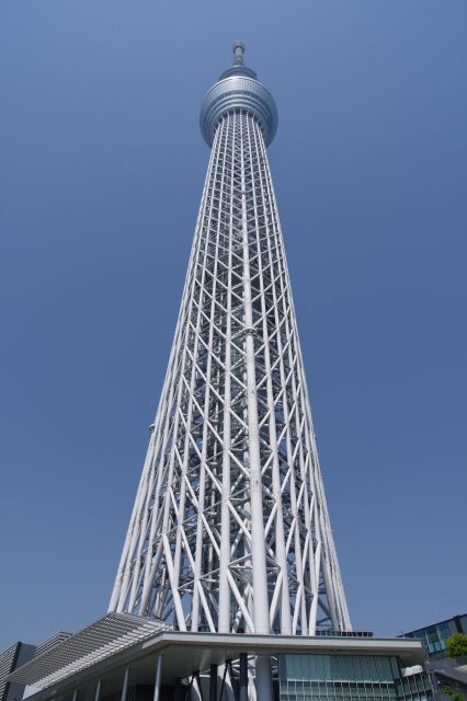 おしなり橋の上から見上げる東京スカイツリー。空に向かう圧倒的な高さです。