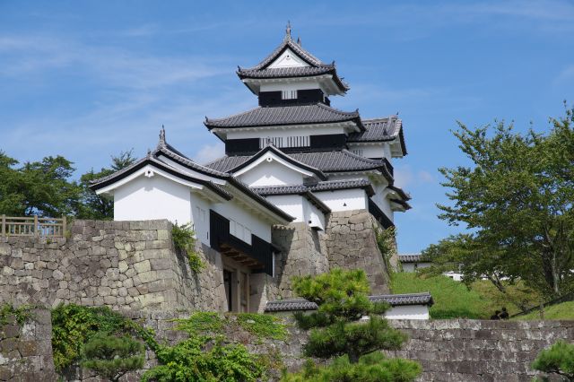三階櫓と前御門が連なる独特な構造。