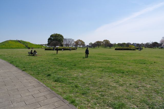 古墳の東側は芝生広場。