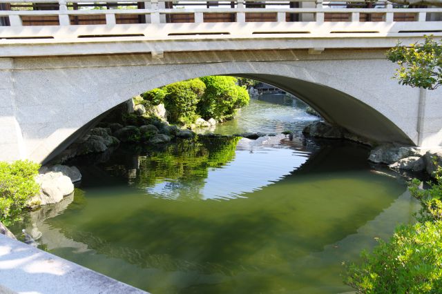 池を越える橋。