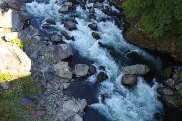 水しぶきを上げて勢いよく流れる川の流れ。