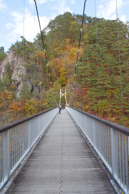 吊り橋を歩きます。正面は紅葉の山。