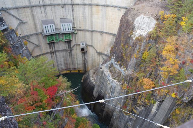 ダムの下までかなりの高さ。斜面には一部紅葉が見られます。
