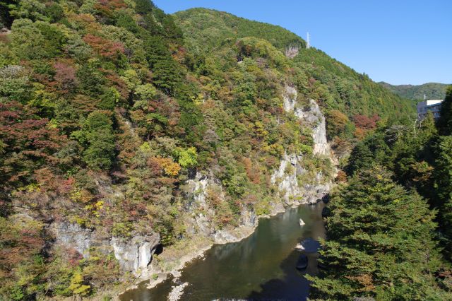 川の上流側の眺望。秋らしい自然の色彩と岩肌が印象的。