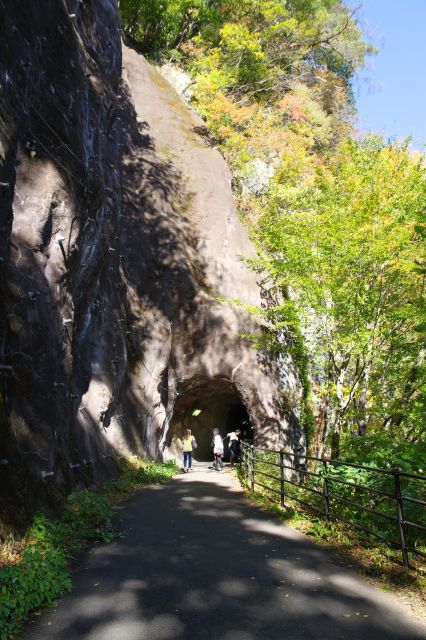大きな岩壁に造られたトンネルがあります。