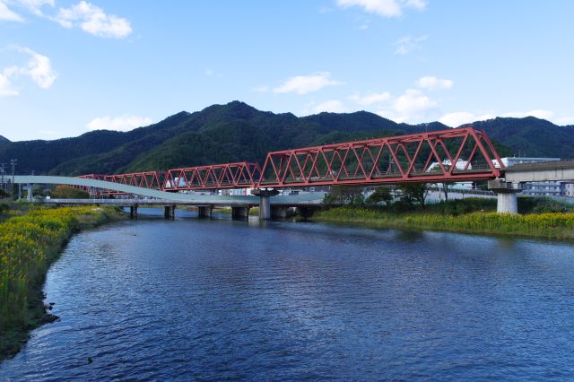 工場のパイプが川や鉄橋と立体交差するダイナミックな構造。