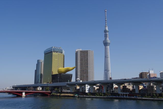 駒形橋からの眺望。東京スカイツリーやアサヒ本社等は隣の吾妻橋に近い長めです。