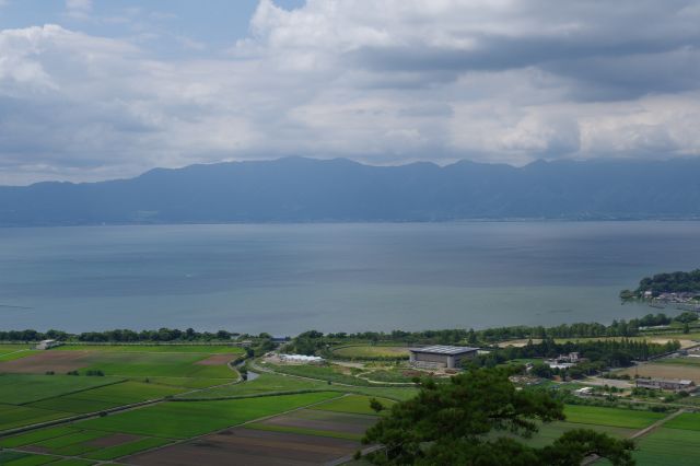 平野と琵琶湖と山並の風景。