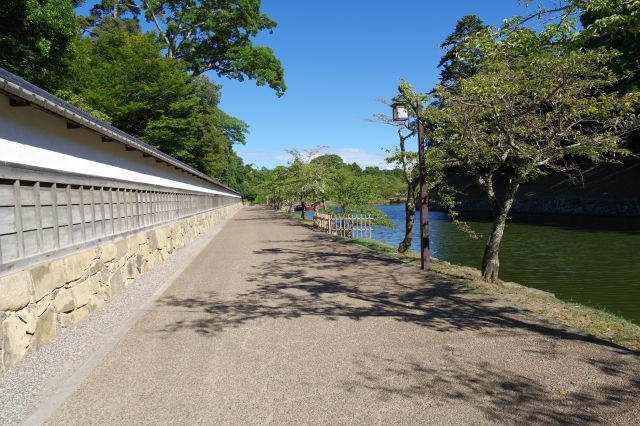 塀沿いの長い直線道。