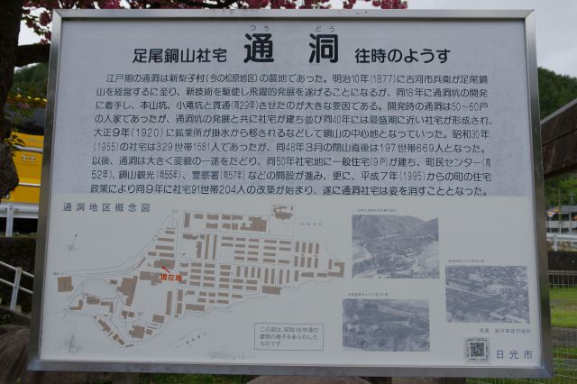 「足尾銅山社宅 通洞 往時のようす」の看板。