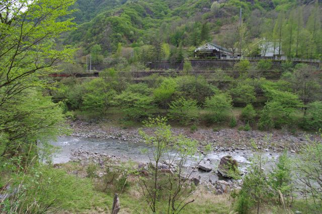 緑に囲まれた川の流れと、対岸には旧本山小学校があります。