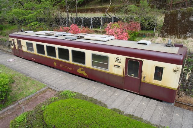 展望台から見下ろす車両。奥にはすぐ斜面が迫ります。