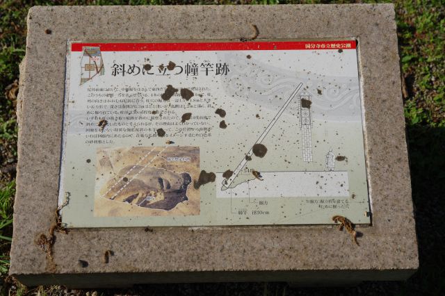 斜めに立つ幢竿跡の解説。