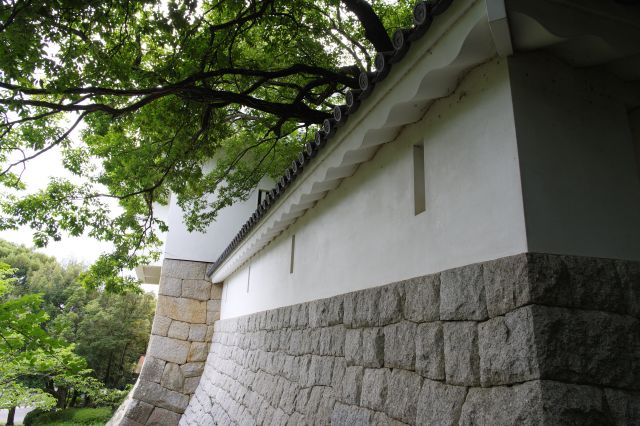 階段上より間近に石垣と塀を望む。