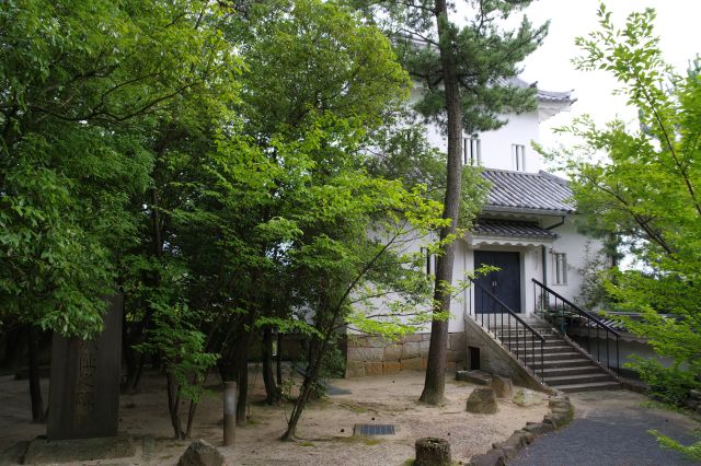 内側から見る隅櫓、木々が茂る。