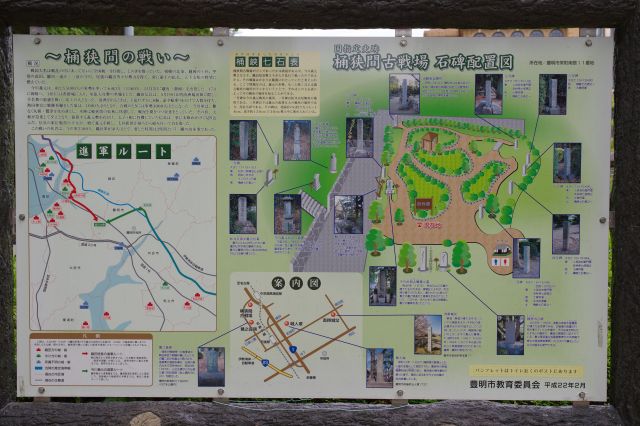 桶狭間の戦いの解説と桶狭間古戦場石碑配置図。