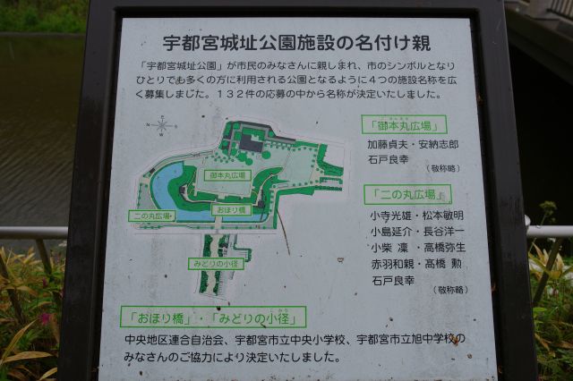 宇都宮城址公園施設の名付け親の看板。