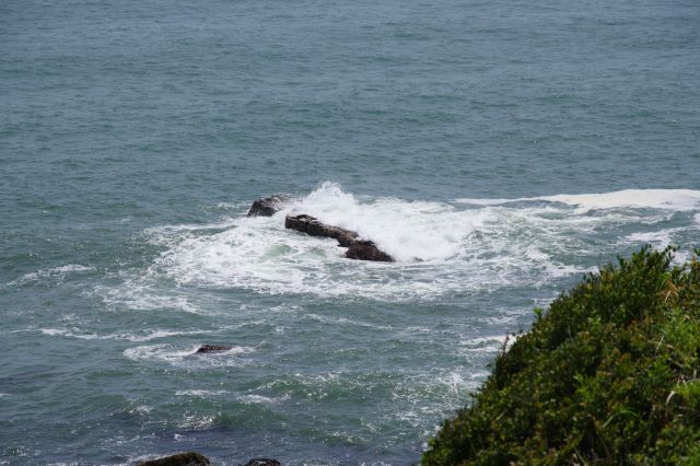 浅い岩はぶつかる波に飲まれます。