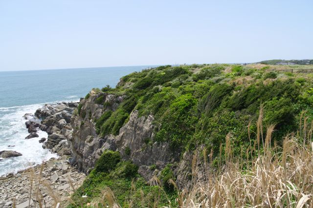 岩場と緑と水平線、自然の風景。