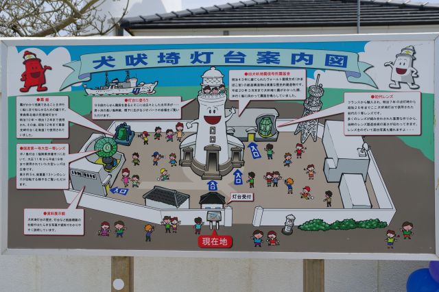 白い塀に囲まれた灯台の外の犬吠埼灯台案内図。