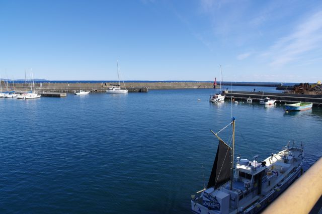 海側は防波堤に囲まれた内湾部。海も空も青い。