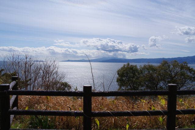 広場先端部からの海の眺め、若干木に遮られますが開放的です。海は太陽で煌めきます。