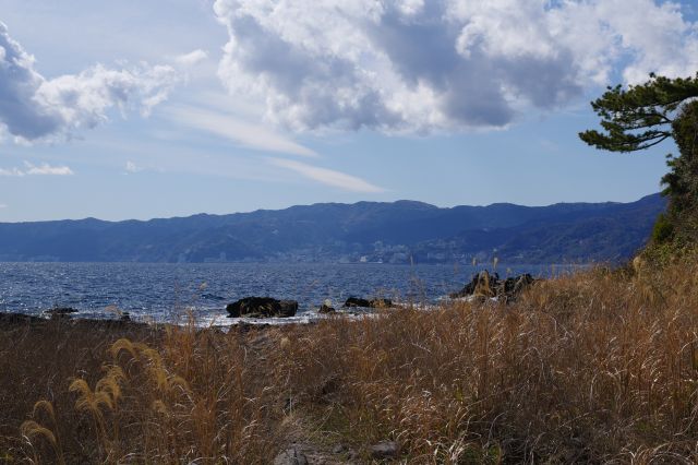 右側の伊豆半島の山並と海。