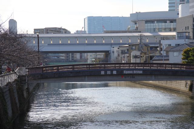 上流側には荏川橋と新馬場駅。