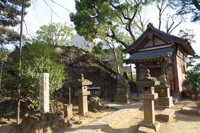 左の富士塚の裏手に浅間神社。